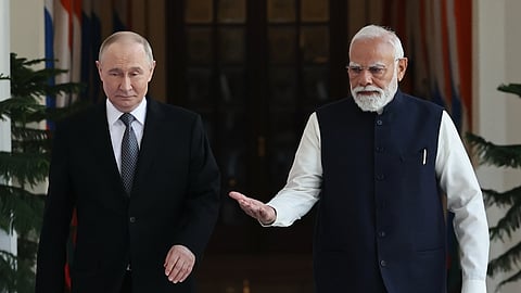 Russian President Vladimir Putin (L) with Prime Minister Narendra Modi at the Hyderabad House in New Delhi, India, Friday, Dec. 5, 2025.